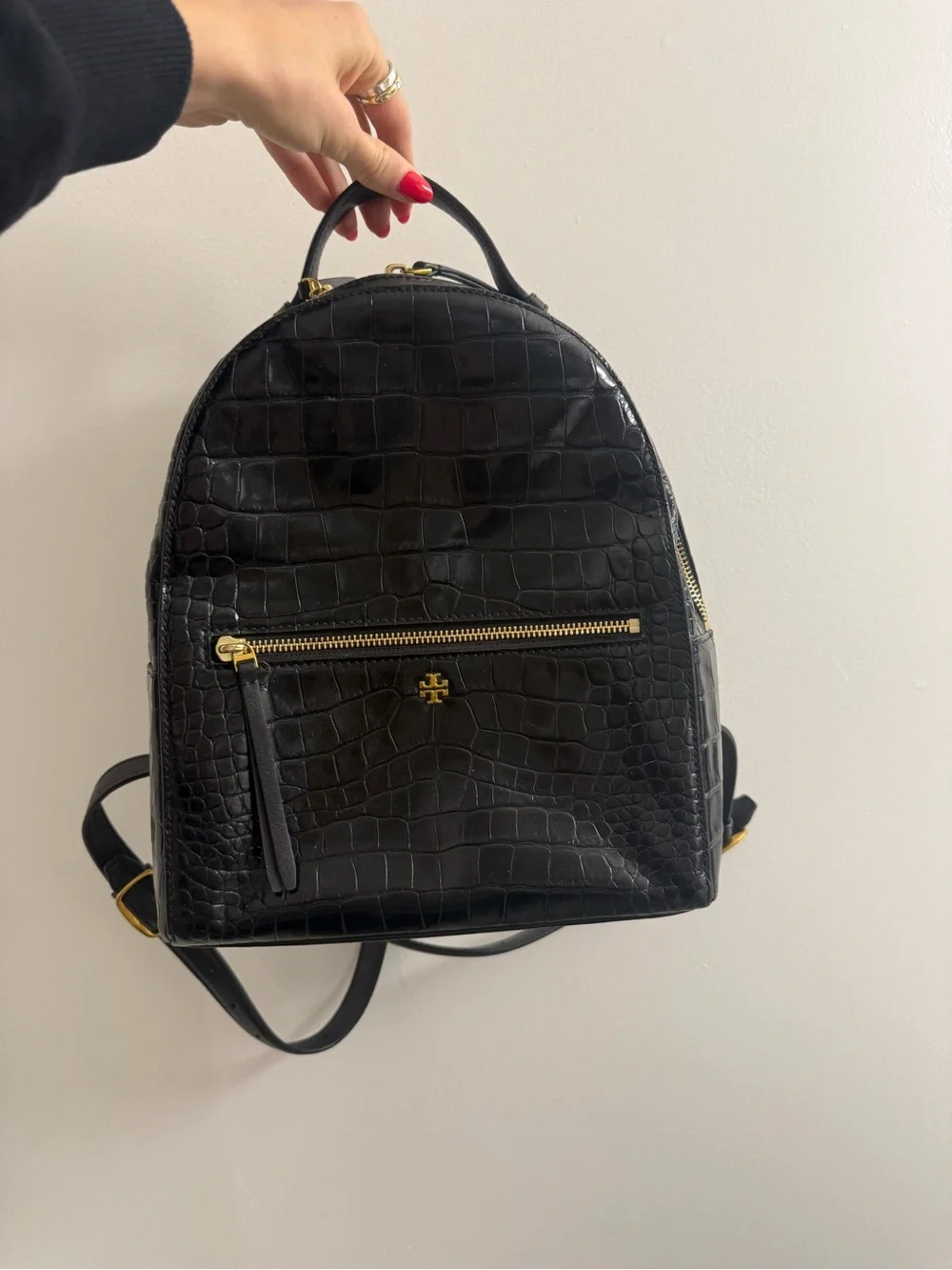 Tory Burch Black Croc-Embossed Leather Mini Backpack with Gold Hardware